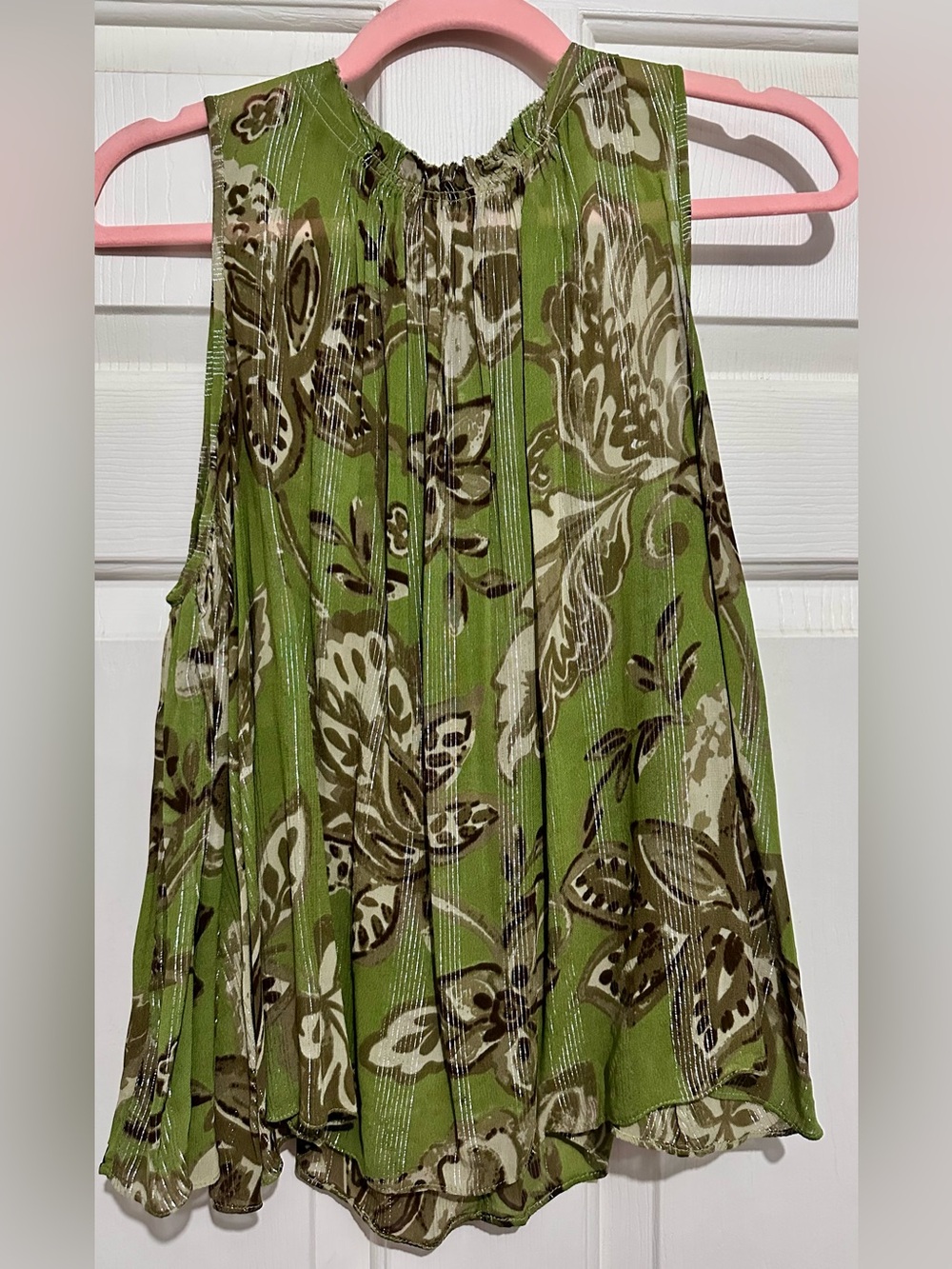 Zara Green Floral Pleated Sleeveless Blouse